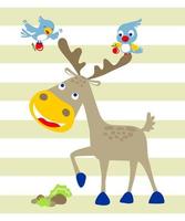 Vector illustration of cartoon deer with birds carrying fruit