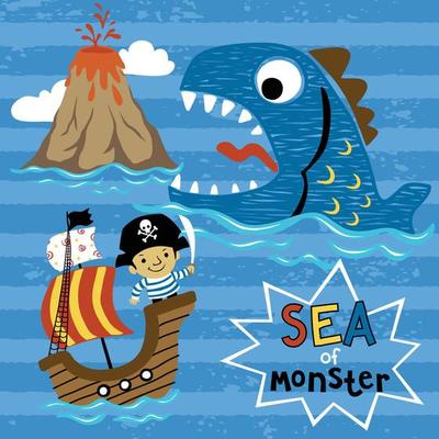 Vector cartoon of fighting pirate on sailboat versus fish monster, pirate  element cartoon 16109882 Vector Art at Vecteezy