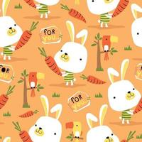 seamless pattern vector of bunny and birds cartoon with carrots
