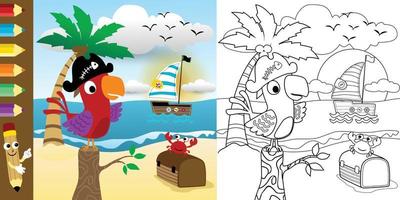 Vector illustration, coloring book of funny parrot in pirate cap in the beach at summer, pirate elements cartoon