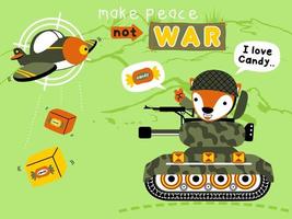 vector illustration of cartoon funny fox on armored vehicle with military plane dropping candy box