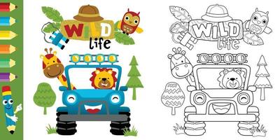 caricatura vectorial de animales divertidos en camión, caricatura de elementos de safari, libro para colorear o página