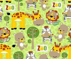seamless pattern vector with cute animals on leaves background, jungle element cartoon