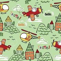 vector seamless pattern of hand drawn air transportation cartoon flying across countryside