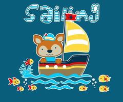 Little fox on sailboat with fishes. Vector cartoon illustration