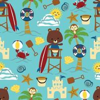 seamless pattern vector of summer beach holiday elements cartoon with funny animals