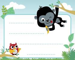 frame border of funny king kong cartoon with cute owl, for kids party invitation card template. vector