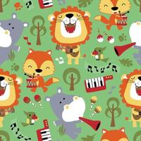 seamless pattern vector of funny animals cartoon playing music instrument, musical elements illustration