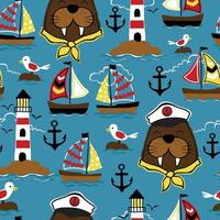 Seamless pattern vector of sailing elements cartoon with funny walrus