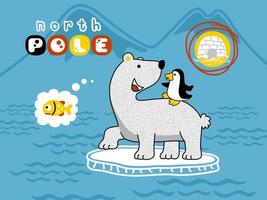 Vector cartoon of cute penguin ride on polar bear's back, Antarctica element illustration