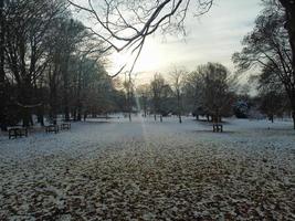 Gorgeous Aerial View of Local Public Park After Snow Fall over England photo