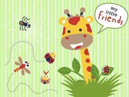 Funny giraffe cartoon with little bugs. Ladybird, beetle, dragonfly and spider on cobweb. Vector cartoon illustration