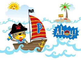 Vector cartoon of funny cat in pirate costume with a bird on sailboat, pirate element illustration