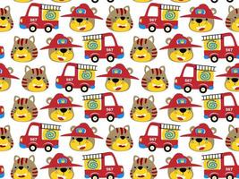 Seamless pattern vector. Fire truck with funny bear using firefighter helmet and smiling cat vector