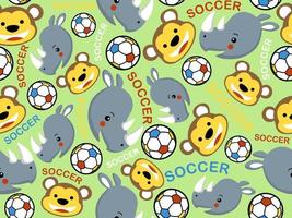 Seamless pattern vector of monkey and rhino smile face with soccer balls