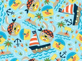 Seamless pattern vector of pirate elements cartoon with funny rabbit wearing bandana. Little island, treasure chest and fish