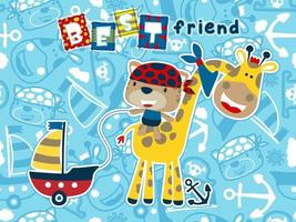 Vector cartoon of funny cat wearing bandana ride on giraffe's back while pull sailboat toy, pirate elements illustration