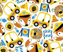 seamless pattern of funny animals, traffic element cartoon