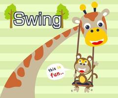 Vector illustration of cartoon monkey playing swing in giraffe's neck