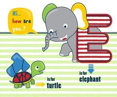 Vector illustration of cute animals with it names, funny elephant and turtle with letter