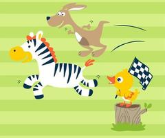 Vector illustration of cartoon zebra and kangaroo on a race, little duck holding finish flag on tree stump