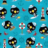 Seamless pattern vector of penguin wearing sailor cap, sailing elements cartoon