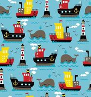 Seamless pattern vector of cargo ships with whale and lighthouse, cruise elements cartoon