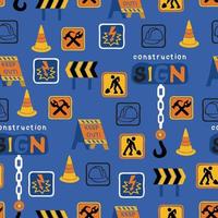 Seamless pattern vector of construction signs, construction elements cartoon