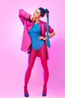 Stylish woman in pink and blue clothes photo