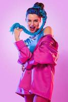 Stylish woman in pink and blue clothes photo