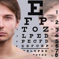 Male face with eye chart. Eyesight and visual acuity concept photo