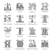 paquete de iconos lineales de monumentos y monumentos de fama mundial vector