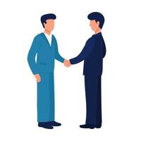 Business partnership. Illustration of business people in suits shaking hands. Flat design isolated on a white background. Vector 10 EPS.