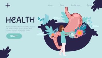 Group of doctors check up human stomach. A doctor holding magnifying glass zoom at stomach, lady Doctor, explaining symptoms treatment, digestive system, intestinal gastro landing page. vector