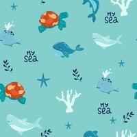 Vector hand-drawn colored childish seamless repeating simple flat pattern with whales in scandinavian style on a white background. Cute baby animals. Pattern for kids with whales. Sea. Ocean