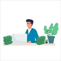 Make money online - Businessman getting paid from computer at home. Vector illustration