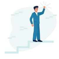 Hope to success in business, accomplishment or reaching business goal, reward and motivation concept, smart confident businessman climb up stair to the top to reaching to grab precious star reward vector
