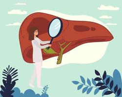 Vector of a group of doctors examining patient liver, performing lab tests, biopsy, molecular analysis