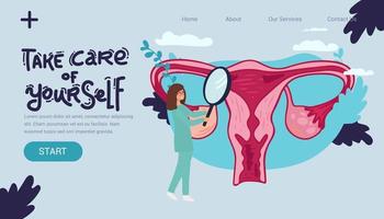 Female menstrual cycle. landing page Female doctor tracking menstrual cycle. Vector illustration of female reproductive system