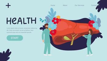 landing page Vector of a group of doctors examining patient liver, performing lab tests, biopsy, molecular analysis.