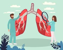 ilustración vectorial de neumología. concepto de personas de atención médica de pulmones diminutos planos. examen y tratamiento del sistema respiratorio abstracto. control de inspección de órganos internos para detectar enfermedades. página de destino, vector