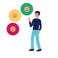 Emotional balance concept. Man develops his emotional intelligence, definition of mood. Consciousness, self development and selfcontrol. Character juggles emoticons vector