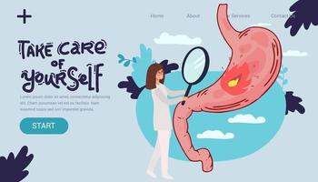 Group of doctors check up human stomach. A doctor holding magnifying glass zoom at stomach, lady Doctor, explaining symptoms treatment, digestive system, intestinal gastro landing page vector