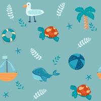 Vector hand-drawn colored childish seamless repeating simple flat pattern with whales in scandinavian style on a white background. Cute baby animals. Pattern for kids with whales. Sea. Ocean