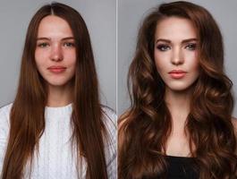 rostro femenino con comparación después del maquillaje y retoque. foto