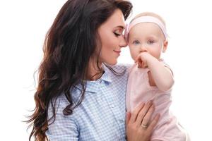 Mother with beautiful little daughter on white background photo