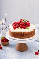 Simple summer cake with raspberries and frosting photo