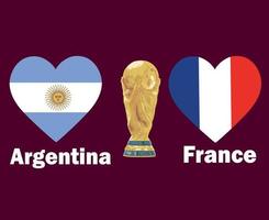 corazón de la bandera de argentina vs francia con el trofeo de la copa mundial diseño de símbolo de fútbol final américa latina y europa vector ilustración de equipos de fútbol de países de américa latina y europea