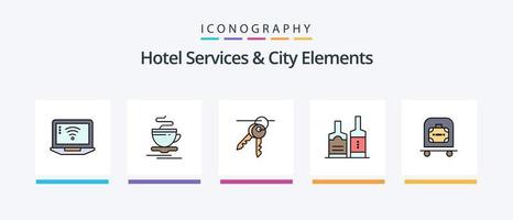 los servicios del hotel y la línea de elementos de la ciudad llenaron un paquete de 5 íconos que incluye piscina. llaves. edificio. habitación. hotel. diseño de iconos creativos vector