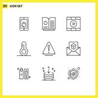 Mobile Interface Outline Set of 9 Pictograms of communication warning play danger thermometer Editable Vector Design Elements